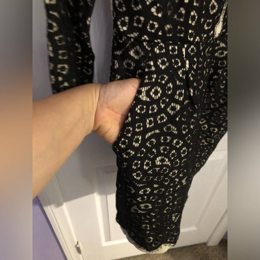 BCBGMaxAzria Black Lace Overlay on Cream Long-Sleeve Dress - Picture 11 of 12